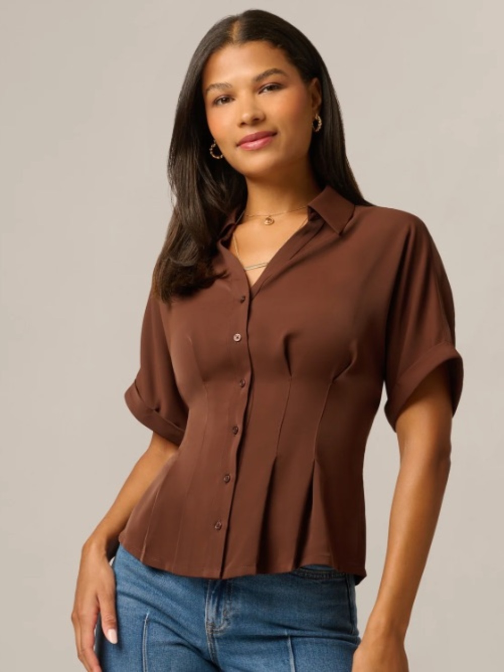 Adrianna Papell Women's Brown Short Sleeve Blouse - Large